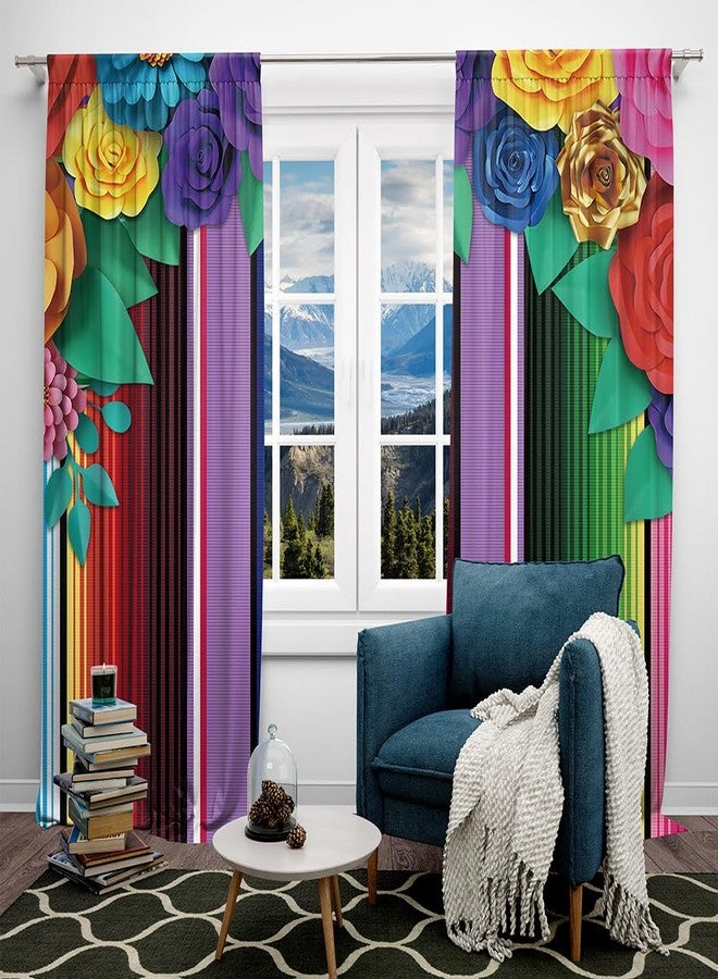 DOTOOMA 82 x 84 Inches Mexican Theme Paper Flowers Window Curtain Colorful Stripe Festival Celebration Carnival Bedroom Decoration Drapes 2 Panel Rod Pocket - Image 3